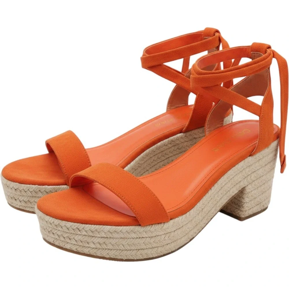 Orange Faux Suede Lace Up Espadrille Platform Block Heel Sandals Womens 11